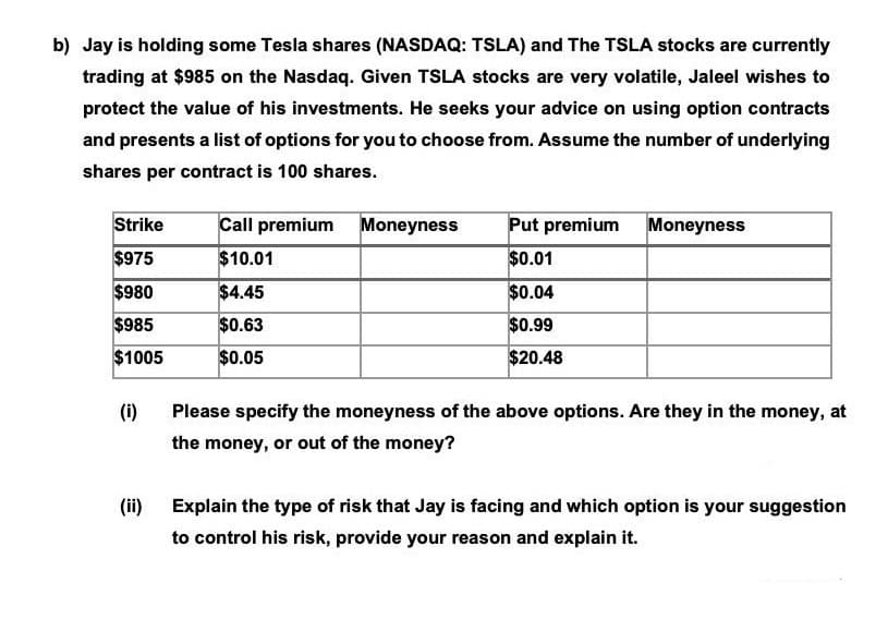 b) Jay is holding some Tesla shares (NASDAQ: TSLA) and The TSLA stocks are currently
trading at $985 on the Nasdaq. Given TSLA stocks are very volatile, Jaleel wishes to
protect the value of his investments. He seeks your advice on using option contracts
and presents a list of options for you to choose from. Assume the number of underlying
shares per contract is 100 shares.
Strike
$975
$980
$985
$1005
(i)
(ii)
Call premium Moneyness
$10.01
$4.45
$0.63
$0.05
Put premium Moneyness
$0.01
$0.04
$0.99
$20.48
Please specify the moneyness of the above options. Are they in the money, at
the money, or out of the money?
Explain the type of risk that Jay is facing and which option is your suggestion
to control his risk, provide your reason and explain it.