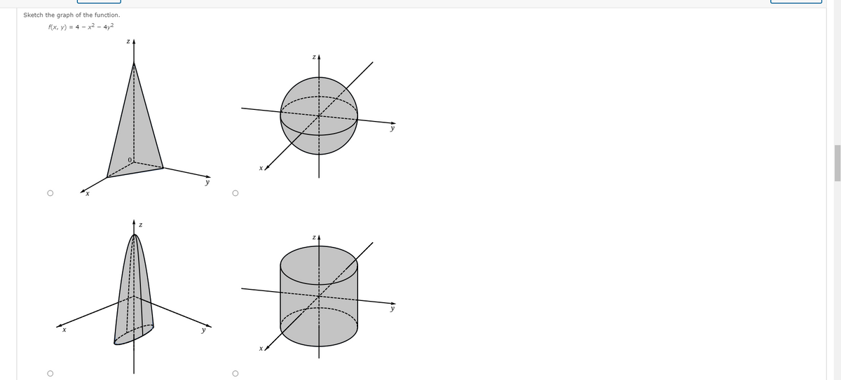 Sketch the graph of the function.
f(x, y) = 4 – x2 – 4y2
y
