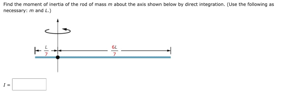 Find the moment of inertia of the rod of mass m about the axis shown below by direct integration. (Use the following as
necessary: m and L.)
I =
6L
7