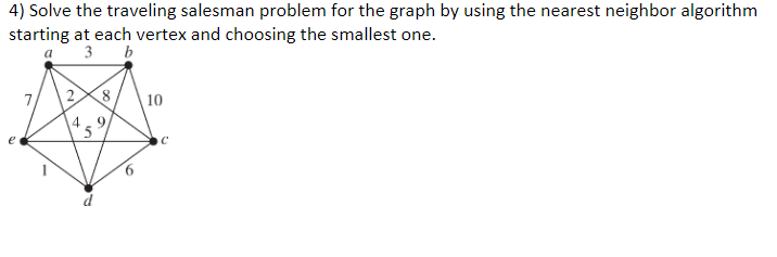 4) Solve the traveling salesman problem for the graph by using the nearest neighbor algorithm
starting at each vertex and choosing the smallest one.
a 3 b
2 8 10
4 '59
C