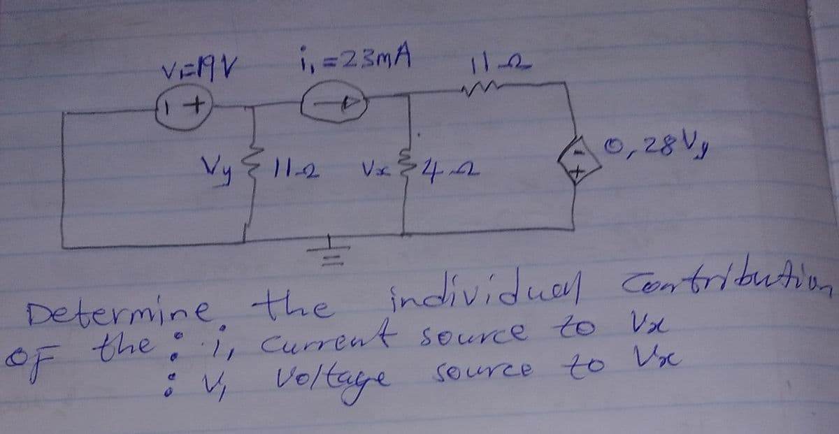 i, =23MA
VYE112 Vx42
0,28V,
Determine the individuel Cantritution
oF
the
1, Current source to Vx
:4
Veltaye source to Vc
