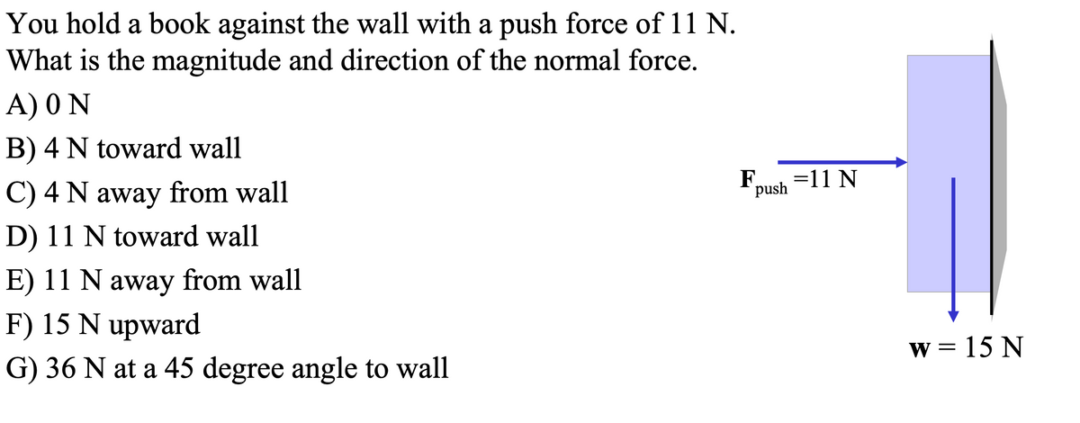 You hold a book against the wall with a push force of 11 N.
What is the magnitude and direction of the normal force.
A) 0N
B) 4 N toward wall
F,
=11 N
C) 4 N away from wall
push
D) 11 N toward wall
E) 11 N away from wall
F) 15 N upward
w = 15 N
G) 36 N at a 45 degree angle to wall
