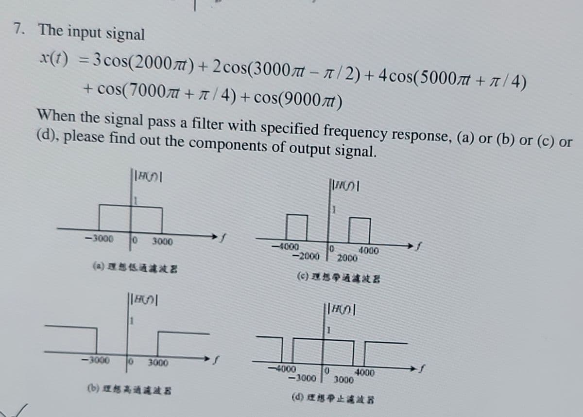 7. The input signal
x(t) =3cos(2000t)+ 2cos(3000t – A/2) + 4 cos(5000t + A/ 4)
+ cos(7000 +a/4) + cos(9000t)
-
When the signal pass a filter with specified frequency response, (a) or (b) or (c) or
(d), please find out the components of output signal.
-3000
3000
-4000
-2000
4000
2000
(a)理想低通减波器
(c)理想孕通濾波器
-3000
3000
4000
-3000
4000
3000
(b) 理想高通减法器
()理想争止该波器
