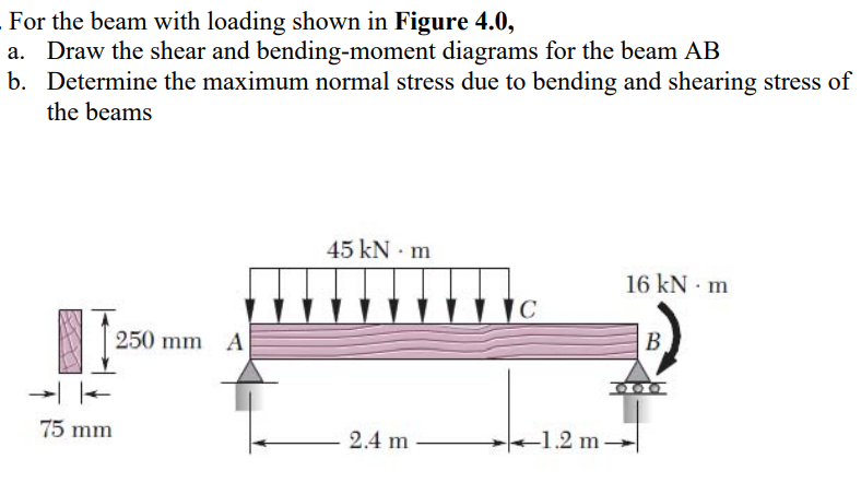 For the beam with loading shown in Figure 4.0,
a. Draw the shear and bending-moment diagrams for the beam AB
b. Determine the maximum normal stress due to bending and shearing stress of
the beams
45 kN · m
16 kN · m
250 mm A
B.
75 mm
2.4 m
-1.2 m

