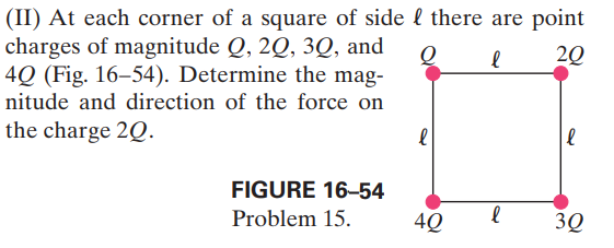 (II) At each corner of a square of side l there are point
charges of magnitude Q, 2Q, 3Q, and
4Q (Fig. 16–54). Determine the mag-
20
nitude and direction of the force on
the charge 2Q.
FIGURE 16–54
Problem 15.
4Q
