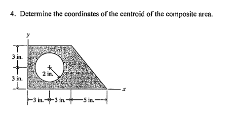 4. Determine the coordinates of the centroid of the composite area.
T
3 in.
3 in.
2 in.
-3 in.3 in
3 in. 3 in.5 in.-
x