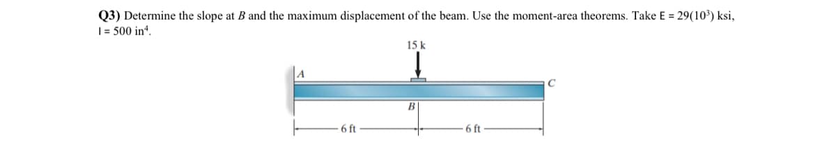 Q3) Determine the slope at B and the maximum displacement of the beam. Use the moment-area theorems. Take E = 29(10³) ksi,
1 = 500 in ¹.
15 k
A
6 ft
B
6 ft
C