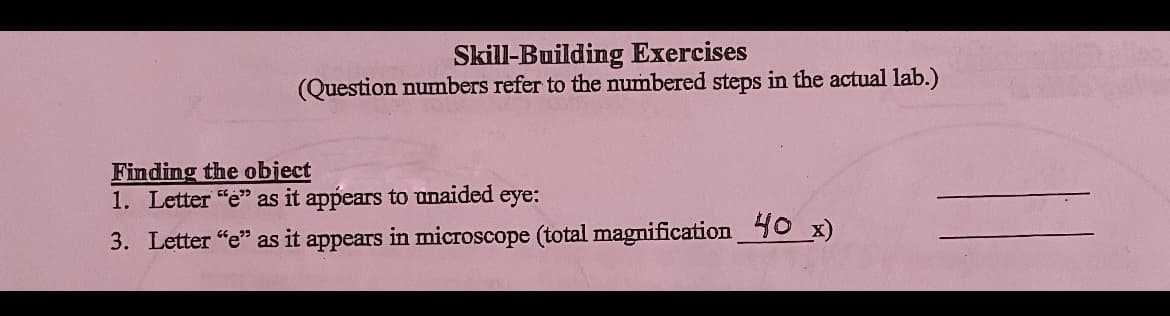 Skill-Building Exercises
(Question numbers refer to the numbered steps in the actual lab.)
Finding the object
1. Letter "e" as it appears to unaided eye:
3. Letter "e" as it appears in microscope (total magnification 40 x)
