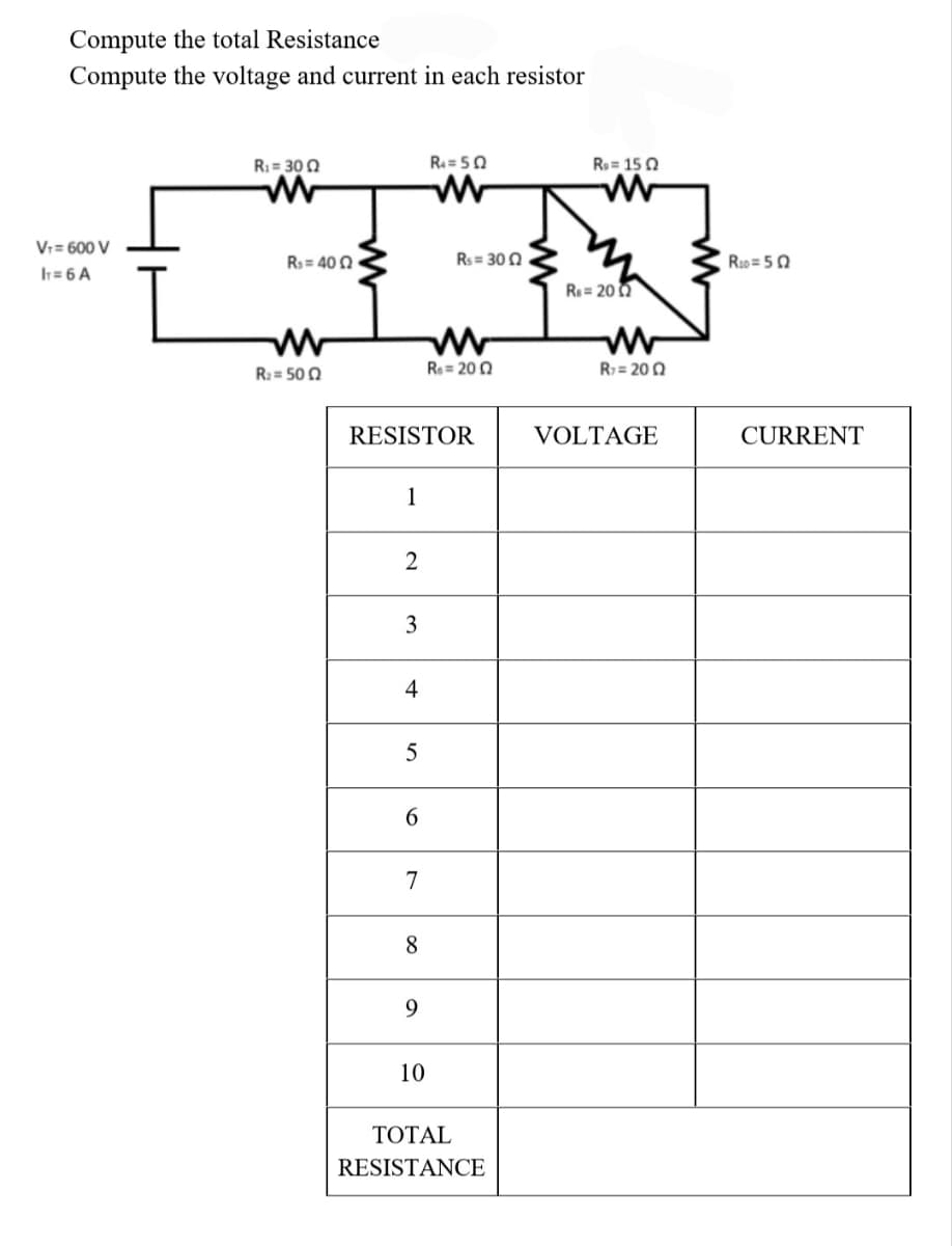 Compute the total Resistance
Compute the voltage and current in each resistor
R:= 30 0
R = 50
R= 15 0
Vr= 600 V
Rs= 40 0
Rs= 30 0
R10 =50
Ih=6 A
R= 20 0
R: = 50 0
Rs = 20 0
R7= 20 0
RESISTOR
VOLTAGE
CURRENT
1
2
4
5
6.
7
8
9
10
TOTAL
RESISTANCE
3.
