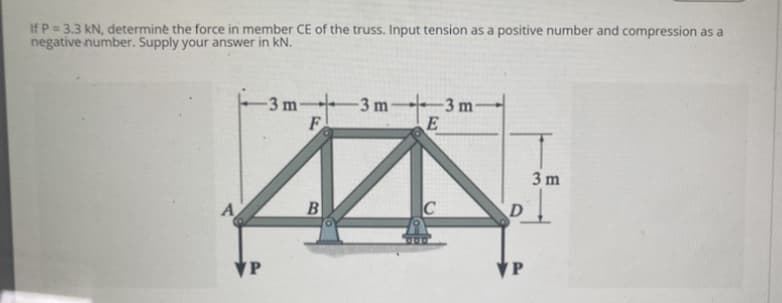 If P= 3.3 kN, determine the force in member CE of the truss. Input tension as a positive number and compression as a
negative number. Supply your answer in kN.
-3 m-3 m-
F
A
B
VP
-3 m
E
D
VP
3 m