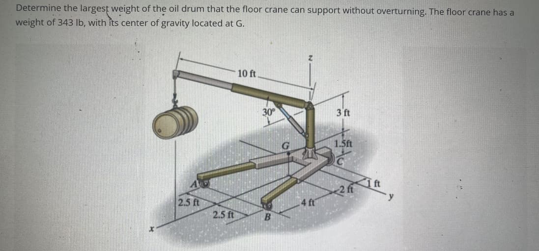 Determine the largest weight of the oil drum that the floor crane can support without overturning. The floor crane has a
weight of 343 lb, with its center of gravity located at G.
2.5 ft
2.5 ft
10 ft
30°
4 ft
3 ft
1.5ft
2 ft
ft
