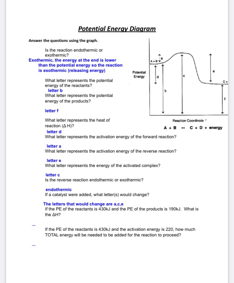 Potential Energy Diagram
Answer the questions using the graph.
Is the reaction endothermic or
exothermic?
Exothermic, the energy at the end is lower
than the potential energy so the reaction
is exothermic (releasing energy)
Potential
Energy
What letter represents the potential
energy of the reactants?
letter b
What letter represents the potential
energy of the products?
C+
letter f
What letter represents the heat of
reaction (A H)?
Reaction Coordinate :
A +B - C+D+ energy
letter d
What letter represents the activation energy of the forward reaction?
letter a
What letter represents the activation energy of the reverse reaction?
letter e
What letter represents the energy of the activated complex?
letter c
Is the reverse reaction endothermic or exothermic?
endothermic
If a catalyst were added, what letter(s) would change?
The letters that would change are a,c,e
If the PE of the reactants is 430kJ and the PE of the products is 190KJ. What is
the AH?
If the PE of the reactants is 430kJ and the activation energy is 220, how much
TOTAL energy will be needed to be added for the reaction to proceed?
