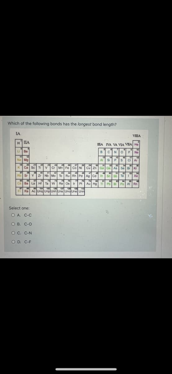 Which of the following bonds has the longest bond length?
LA
HILA
Li Be
11
12
Na Mg
19 2
K Ca Sc
37 3
S
Rb Sr Y
55
Cs
1
23
Select one:
O A.
C-C
O B.
C-O
O C. C-N
O D. C-F
22 2
Ti
Ti V Cr Mn Fe
27 21
Co Ni
40 41 42 43 44 45 4
Zr Nb Mo Tc Ru Rh Pd
67
73 74
75 76
T
Ba La Hf Ta W Re Os Ir Pt
67
104
102 110
107
Fr Ra Ac Ung Unp Unh Uns Uno Une Unn
VILLA
IIIA IVA VA VIA VILA He
10
B CN o'
O
M²l
F Ne
Al
T 50 51
S
63
Ag Cd In Sn Sb Te I Xe
M4
2
Au Hg Tl Pb
Pt Au Hg Tl Pb Bi Po At Rn
79
81 12 83
85
-
14
1 15 16 171 10
Si P S CI Ar
29
x
31
32 33
34 36
30
Cu Zn Ga Ge As Se Br Kr
