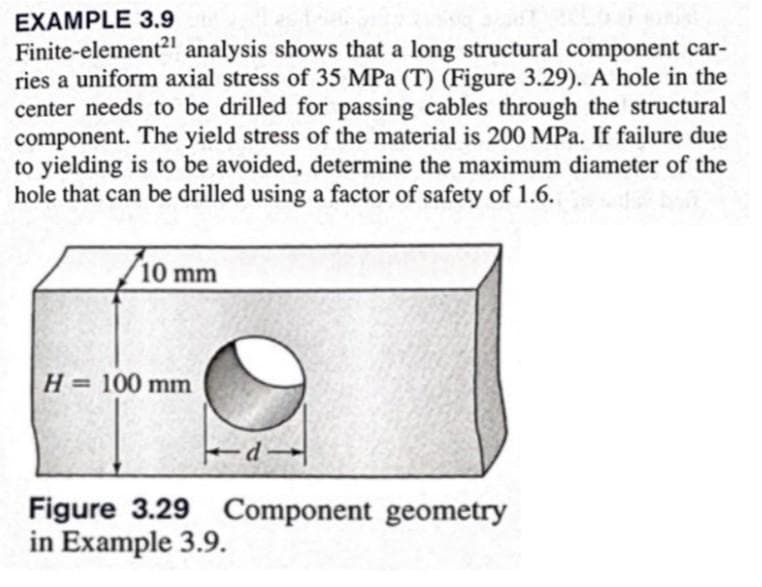 EXAMPLE 3.9
Finite-element²¹ analysis shows that a long structural component car-
ries a uniform axial stress of 35 MPa (T) (Figure 3.29). A hole in the
center needs to be drilled for passing cables through the structural
component. The yield stress of the material is 200 MPa. If failure due
to yielding is to be avoided, determine the maximum diameter of the
hole that can be drilled using a factor of safety of 1.6.
10 mm
H = 100 mm
-d-
Figure 3.29 Component geometry
in Example 3.9.