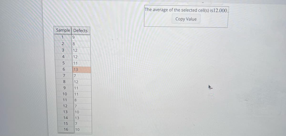 Sample
1 9
2345
879
9
Defects
이어 기타리 다이
10
WIN~ 00
8
6 13
12
7
12
11
11
11 8
14
12
11
12 7
13 10
13
15 7
16 10
The average of the selected cell(s) is 12.000.
Copy Value