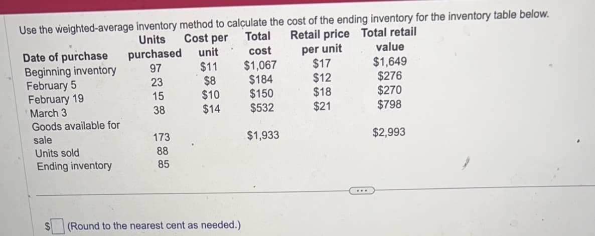 Use the weighted-average inventory method to calculate the cost of the ending inventory for the inventory table below.
Units Cost per
Total
Retail price Total retail
cost
per unit
$1,067
$184
$150
$532
Date of purchase
Beginning inventory
February 5
February 19
March 3
Goods available for
sale
Units sold
Ending inventory
purchased
97
23
15
38
173
88
85
unit
$11
$8
$10
$14
(Round to the nearest cent as needed.)
$1,933
$17
$12
$18
$21
value
$1,649
$276
$270
$798
$2,993