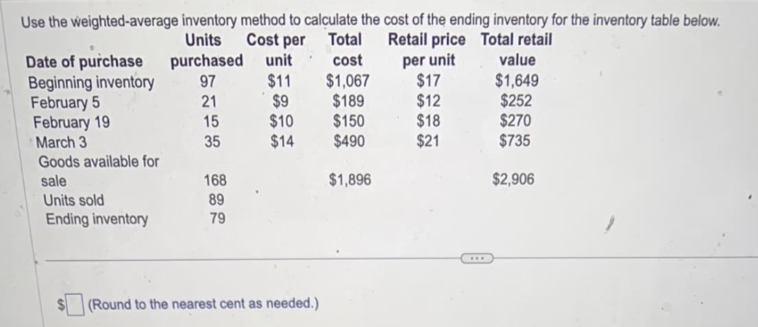 Use the weighted-average inventory method to calculate the cost of the ending inventory for the inventory table below.
Units
Cost per
Total
Retail price Total retail
cost
per unit
$1,067
$189
$150
$490
Date of purchase
Beginning inventory
February 5
February 19
March 3
Goods available for
sale
Units sold
Ending inventory
purchased unit
97
$11
21
$9
$10
$14
15
35
168
89
79
(Round to the nearest cent as needed.)
$1,896
$17
$12
$18
$21
***
value
$1,649
$252
$270
$735
$2,906