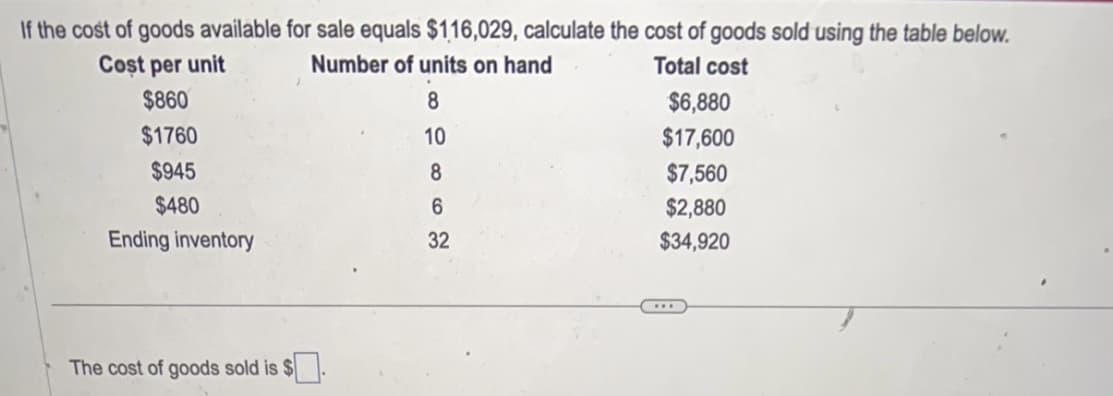 If the cost of goods available for sale equals $116,029, calculate the cost of goods sold using the table below.
Cost per unit
Number of units on hand
Total cost
$860
8
$1760
10
$945
8
6
32
$480
Ending inventory
The cost of goods sold is S
$6,880
$17,600
$7,560
$2,880
$34,920
***