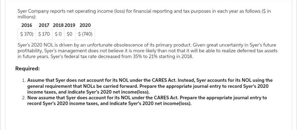 Syer Company reports net operating income (loss) for financial reporting and tax purposes in each year as follows ($ in
millions):
2016 2017 2018 2019 2020
$ 370) $170 $0 $0 $ (740)
Syer's 2020 NOL is driven by an unfortunate obsolescence of its primary product. Given great uncertainty in Syer's future
profitability, Syer's management does not believe it is more likely than not that it will be able to realize deferred tax assets
in future years. Syer's federal tax rate decreased from 35% to 21% starting in 2018.
Required:
1. Assume that Syer does not account for its NOL under the CARES Act. Instead, Syer accounts for its NOL using the
general requirement that NOLs be carried forward. Prepare the appropriate journal entry to record Syer's 2020
income taxes, and indicate Syer's 2020 net income(loss).
2. Now assume that Syer does account for its NOL under the CARES Act. Prepare the appropriate journal entry to
record Syer's 2020 income taxes, and indicate Syer's 2020 net income(loss).