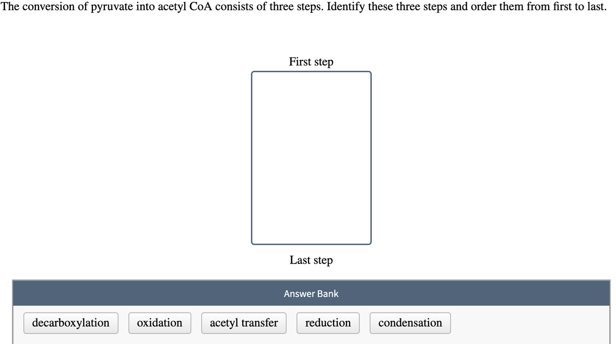 The conversion of pyruvate into acetyl CoA consists of three steps. Identify these three steps and order them from first to last.
decarboxylation oxidation
acetyl transfer
First step
Last step
Answer Bank
reduction
condensation