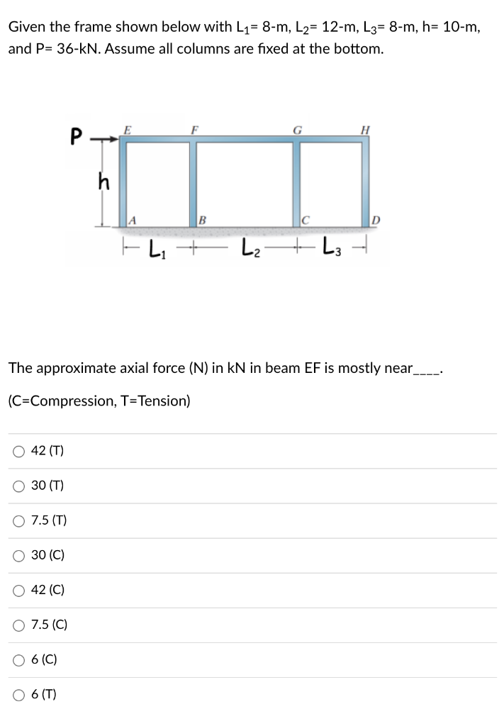 Given the frame shown below with L₁= 8-m, L2= 12-m, L3= 8-m, h= 10-m,
and P= 36-kN. Assume all columns are fixed at the bottom.
42 (T)
30 (T)
7.5 (T)
30 (C)
The approximate axial force (N) in kN in beam EF is mostly near
(C=Compression, T=Tension)
42 (C)
O 7.5 (C)
○ 6 (C)
P
○ 6 (T)
h
E
L₁ + L₂
L3