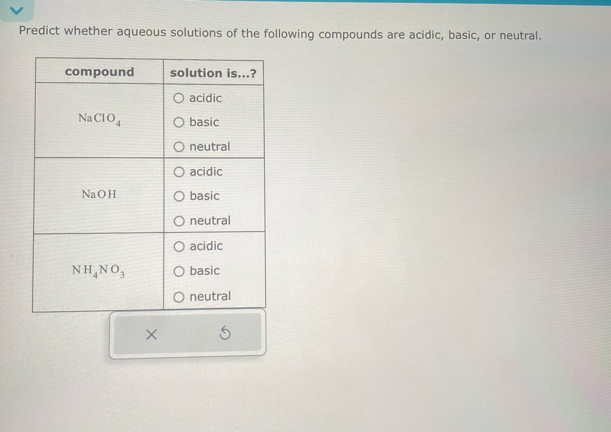 Predict whether aqueous solutions of the following compounds are acidic, basic, or neutral.
compound
solution is...?
acidic
NaClO4
basic
NaOH
neutral
O acidic
basic
neutral
acidic
NH4NO3
O basic
neutral