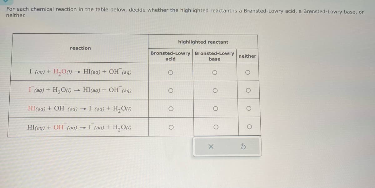 For each chemical reaction in the table below, decide whether the highlighted reactant is a Brønsted-Lowry acid, a Brønsted-Lowry base, or
neither.
highlighted reactant
reaction
Bronsted-Lowry Bronsted-Lowry
acid
neither
base
(ад) + Н20(1)
HI(aq) + OH (aq)
о
о
I (aq) + H2O(l)
->
НІ(q) + ОН (aq)
O
о
о
HI(aq) + OH (aq)
HI(aq) + OH (aq) -
->
I
• 1 (aq) + HO
I (aq) + H2O(l)
о
О
о
х
о
о
s