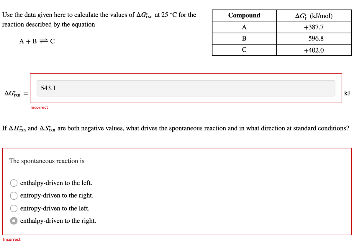 Use the data given here to calculate the values of AGn at 25 °C for the
Compound
AG; (kJ/mol)
reaction described by the equation
A
+387.7
A + B 2C
B
- 596.8
C
+402.0
543.1
AGixn
kJ
Incorrect
If AHxn and ASxn are both negative values, what drives the spontaneous reaction and in what direction at standard conditions?
The spontaneous reaction is
enthalpy-driven to the left.
entropy-driven to the right.
entropy-driven to the left.
O enthalpy-driven to the right.
Incorrect
O O O O
