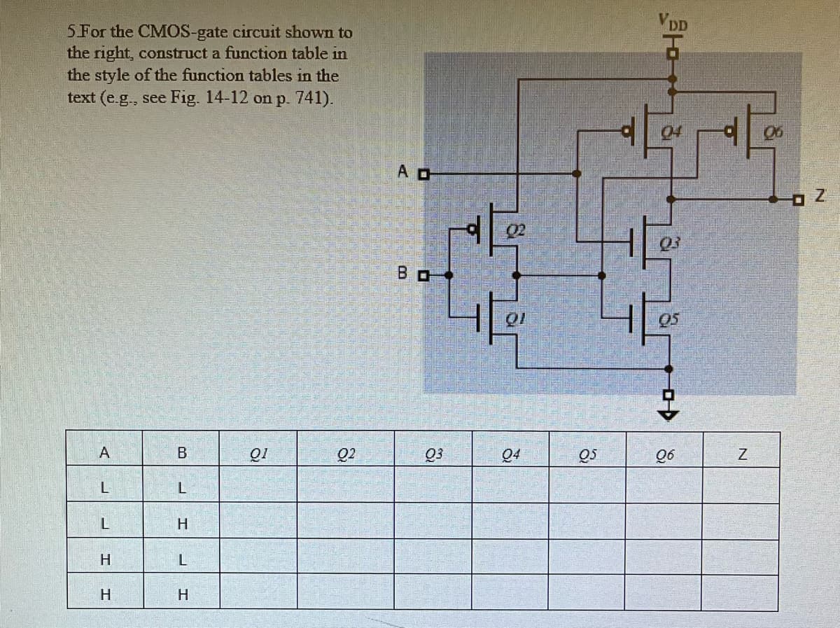 5 For the CMOS-gate circuit shown to
the right, construct a function table in
the style of the function tables in the
text (e.g., see Fig. 14-12 on p. 741).
A
L
L
H
H
B
L
H
L
H
QI
Q2
A D
BO
Q3
02
1억
Q4
Q5
Ho
T
03
to
Q6
06
$1₁
N
DZ
