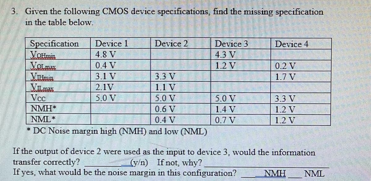 3. Given the following CMOS device specifications, find the missing specification
in the table below.
Specification
VOHmin
Volmax
VIHmin
VILmax
Vcc
Device 1
4.8 V
0.4 V
3.1 V
2.1V
5.0 V
NMH*
NML*
Device 2
3.3 V
1.1 V
5.0 V
0.6 V
0.4 V
*DC Noise margin high (NMH) and low (NML)
Device 3
4.3 V
1.2 V
5.0 V
1.4 V
0.7 V
Device 4
0.2 V
1.7 V
3.3 V
1.2 V
1.2 V
If the output of device 2 were used as the input to device 3, would the information
transfer correctly?
(y/n) If not, why?
If yes, what would be the noise margin in this configuration?
NMH
NML