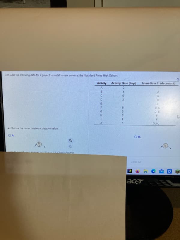 Consider the following data for a project to install a new server at the Northland Pines High School
Activity
Activity Time (days)
Immediate Predecessoris)
A.
B
4.
A
2.
1.
F
B. C
D. E
8.
H.
5.
7.
G, H,I
a. Choose the corect network diagram below
O B.
beck Answer
Clear Al
acer
Co3
