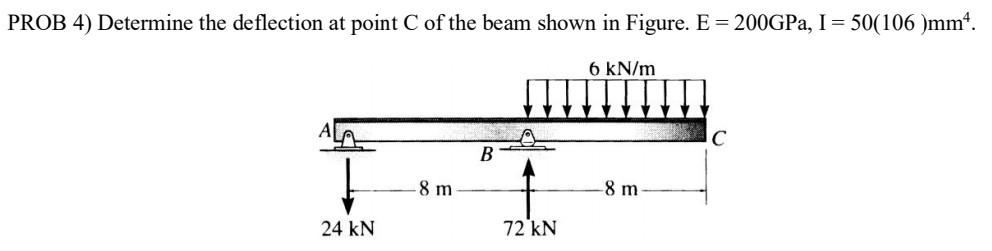 PROB 4) Determine the deflection at point C of the beam shown in Figure. E = 200GPa, I = 50(106)mm¹.
24 kN
-8 m
B
72 kN
6 kN/m
-8 m