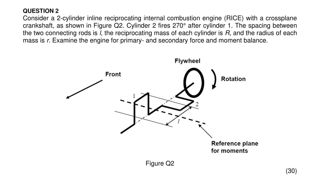 QUESTION 2
Consider a 2-cylinder inline reciprocating internal combustion engine (RICE) with a crossplane
crankshaft, as shown in Figure Q2. Cylinder 2 fires 270° after cylinder 1. The spacing between
the two connecting rods is /, the reciprocating mass of each cylinder is R, and the radius of each
mass is r. Examine the engine for primary- and secondary force and moment balance.
Flywheel
Front
Rotation
Reference plane
for moments
Figure Q2
(30)
