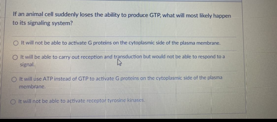 If an animal cell suddenly loses the ability to produce GTP, what will most likely happen
to its signaling system?
It will not be able to activate G proteins on the cytoplasmic side of the plasma membrane.
O It will be able to carry out reception and transduction but would not be able to respond to a
signal.
O It will use ATP instead of GTP to activate G proteins on the cytoplasmic side of the plasma
membrane.
O It will not be able to activate receptor tyrosine kinases.
