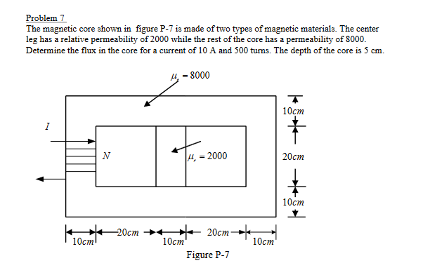 Problem 7
The magnetic core shown in figure P-7 is made of two types of magnetic materials. The center
leg has a relative permeability of 2000 while the rest of the core has a permeability of 8000.
Determine the flux in the core for a current of 10 A and 500 turns. The depth of the core is 5 cm.
μ₁ = 8000
I
T
10cm
†
N
=2000
20cm
-20cm
20cm
10cm
10cm
10cm
Figure P-7
10cm