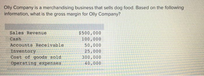 Olly Company is a merchandising business that sells dog food. Based on the following
information, what is the gross margin for Olly Company?
Sales Revenue
$500,000
Cash
100,000
Accounts Receivable
50,000
Inventory
25,000
Cost of goods sold
300,000
Operating expenses
40,000