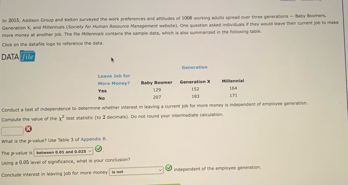 In 2015, Addison Group and Kelton surveyed the work preferences and attitudes of 1006 working adults spread over three generations - Baby Boomers,
Generation X, and Millennials (Society for Human Resource Management website). One question asked individuals if they would leave their current job to make
more money at another job. The file Millennials contains the sample data, which is also summarized in the following table.
Click on the datafile logo to reference the data.
DATA file
Leave Job for
More Money? Baby Boomer
Yes
No
129
207
What is the p-value? Use Table 3 of Appendix B.
The p-value is between 0.01 and 0.025 ✓
Using a 0.05 level of significance, what is your conclusion?
Conclude interest in leaving job for more money is not
Generation
Generation X
152
183
Millennial
164
171
Conduct a test of independence to determine whether interest in leaving a current job for more money is independent of employee generation.
Compute the value of the X² test statistic (to 2 decimals). Do not round your intermediate calculation.
independent of the employee generation.