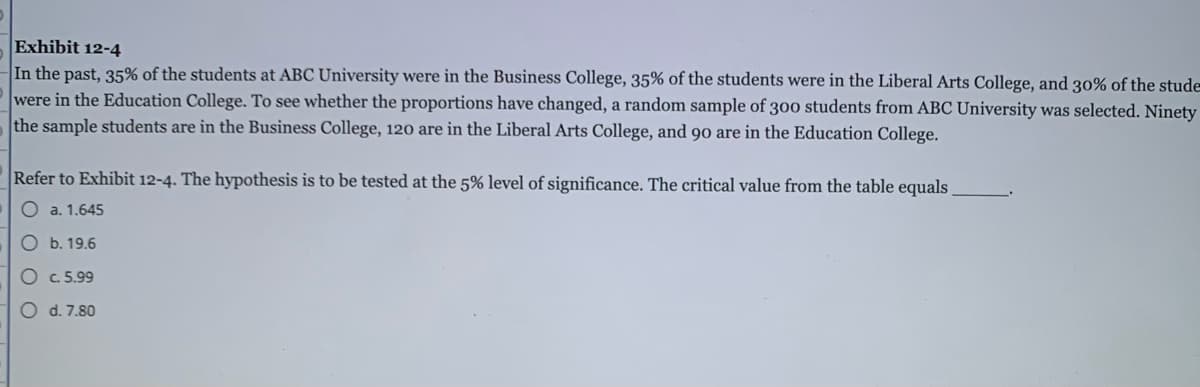 Exhibit 12-4
In the past, 35% of the students at ABC University were in the Business College, 35% of the students were in the Liberal Arts College, and 30% of the stude
were in the Education College. To see whether the proportions have changed, a random sample of 300 students from ABC University was selected. Ninety
the sample students are in the Business College, 120 are in the Liberal Arts College, and 90 are in the Education College.
Refer to Exhibit 12-4. The hypothesis is to be tested at the 5% level of significance. The critical value from the table equals
O a. 1.645
Ob. 19.6
O c.5.99
O d. 7.80