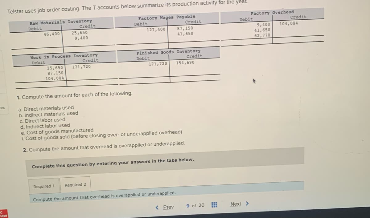 ces
Telstar uses job order costing. The T-accounts below summarize its production activity for the year.
Raw Materials Inventory
Factory Wages Payable
Debit
Credit
Debit
C
raw
46,400
25,650
9,400
Work in Process Inventory
Debit
Credit
25,650
87,150
104,084
171,720
1. Compute the amount for each of the following.
a. Direct materials used
b. Indirect materials used
127,400
Required 1 Required 2
c. Direct labor used
d. Indirect labor used
e. Cost of goods manufactured
f. Cost of goods sold (before closing over- or underapplied overhead)
2. Compute the amount that overhead is overapplied or underapplied.
Finished Goods Inventory
Debit
Credit
171,720 154,690
Credit
87,150
41,650
Complete this question by entering your answers in the tabs below.
Compute the amount that overhead is overapplied or underapplied.
< Prev
9 of 20
www
www
Factory Overhead
Debit
Next >
9,400
41,650
62,770
Credit
104,084