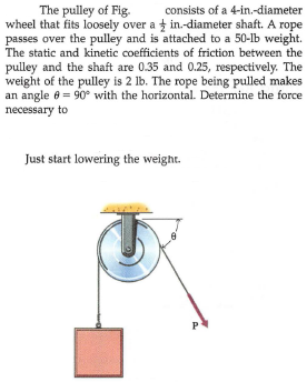 The pulley of Fig.
wheel that fits loosely over a t in.-diameter shaft. A rope
passes over the pulley and is attached to a 50-lb weight.
The static and kinetic coefficients of friction between the
consists of a 4-in.-diameter
pulley and the shaft are 0.35 and 0.25, respectively. The
weight of the pulley is 2 lb. The rope being pulled makes
an angle 8 = 90° with the horizontal. Determine the force
necessary to
Just start lowering the weight.
P

