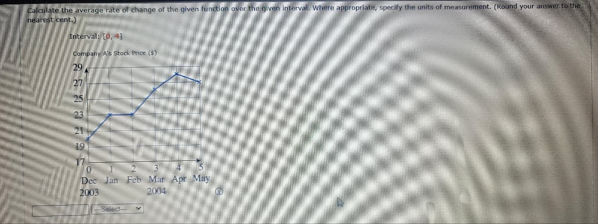 Calculate the average rate of change of the given function over the given interval. Where appropriate, specify the units of measurement. (Round your answer to the
nearest cent.)
Interval: [0, 4]
Company A's Stock Price ($)
29
27
25
23
21
19
0
4
Dec Jan Feb Mar Apr May
2003
2004