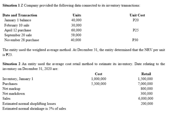 Situation 1 Z Company provided the following data connected to its inventory transactions:
Date and Transaction
Units
Unit Cost
40,000
30,000
January 1 balance
P20
February 10 sale
April 12 purchase
September 20 sale
November 28 purchase
60,000
P25
59,000
40,000
P30
The entity used the weighted average method. At December 31, the entity determined that the NRV per unit
is P23.
Situation 2 An entity used the average cost retail method to estimate its inventory. Date relating to the
inventory on December 31, 2020 are:
Cost
Retail
Inventory, January 1
1,000,000
1,500,000
Purchases
5,300,000
7,000,000
Net markup
Net markdown
800,000
300,000
Sales
6,000,000
Estimated normal shoplifting losses
Estimated normal shrinkage is 5% of sales
200,000
