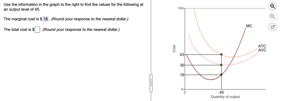 Use the information in the graph to the right to find the values for the following at
an output level of 45.
100-
The marginal cost is $ 18 . (Round your response to the nearest dollar.)
MC
The total cost is $
(Round your response to the nearest dollar.)
АТС
AVC
43
30
18
45
Quantity of output
....
Cost
