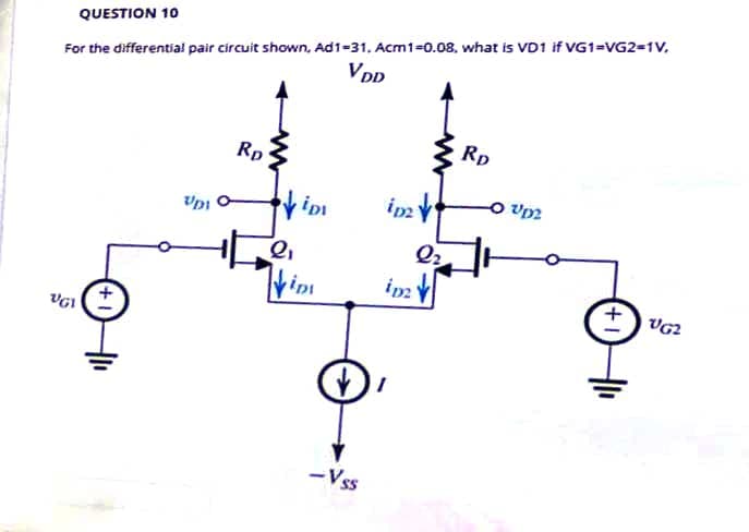 For the differential pair circuit shown, Ad1-31. Acm1=0.08, what is VD1 if VG1=VG2=1V.
VDD
QUESTION 10
Rp
Rp
Upi
ipi
imz
VG?
-Vss
