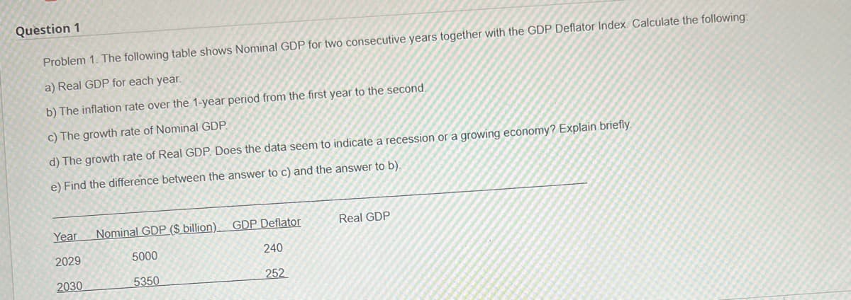Question 1
Problem 1. The following table shows Nominal GDP for two consecutive years together with the GDP Deflator Index Calculate the following:
a) Real GDP for each year.
b) The inflation rate over the 1-year period from the first year to the second.
c) The growth rate of Nominal GDP.
d) The growth rate of Real GDP. Does the data seem to indicate a recession or a growing economy? Explain briefly.
e) Find the difference between the answer to c) and the answer to b).
Year
2029
2030
Nominal GDP ($ billion).
5000
5350
GDP Deflator
240
252
Real GDP