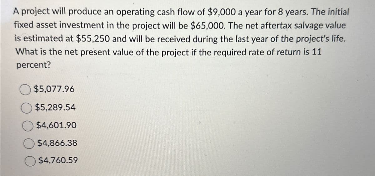 A project will produce an operating cash flow of $9,000 a year for 8 years. The initial
fixed asset investment in the project will be $65,000. The net aftertax salvage value
is estimated at $55,250 and will be received during the last year of the project's life.
What is the net present value of the project if the required rate of return is 11
percent?
$5,077.96
$5,289.54
$4,601.90
$4,866.38
$4,760.59