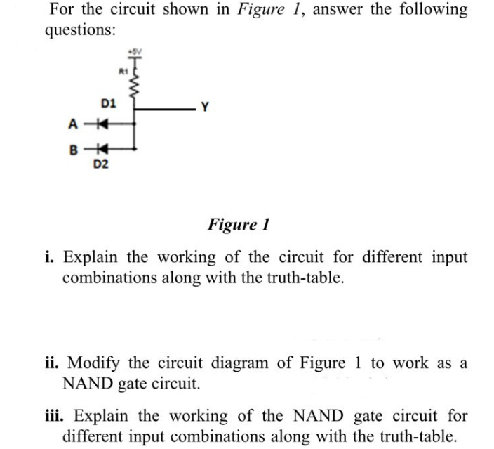 For the circuit shown in Figure 1, answer the following
questions:
D1
Y
D2
Figure 1
i. Explain the working of the circuit for different input
combinations along with the truth-table.
ii. Modify the circuit diagram of Figure 1 to work as a
NAND gate circuit.
iii. Explain the working of the NAND gate circuit for
different input combinations along with the truth-table.

