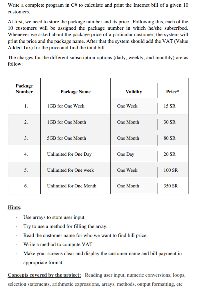 Write a complete program in C# to calculate and print the Internet bill of a given 10
customers.
At first, we need to store the package number and its price. Following this, each of the
10 customers will be assigned the package number in which he/she subscribed.
Whenever we asked about the package price of a particular customer, the system will
print the price and the package name. After that the system should add the VAT (Value
Added Tax) for the price and find the total bill
The charges for the different subscription options (daily, weekly, and monthly) are as
follow:
Package
Number
Package Name
Validity
Price*
1.
1GB for One Week
One Week
15 SR
2.
1GB for One Month
One Month
30 SR
3.
5GB for One Month
One Month
80 SR
4.
Unlimited for One Day
One Day
20 SR
5.
Unlimited for One week
One Week
100 SR
6.
Unlimited for One Month
One Month
350 SR
Hints:
Use arrays to store user input.
Try to use a method for filling the array.
Read the customer name for who we want to find bill price.
Write a method to compute VAT
Make your screens clear and display the customer name and bill payment in
appropriate format.
Concepts covered by the project: Reading user input, numeric conversions, loops,
selection statements, arithmetic expressions, arrays, methods, output formatting, etc
