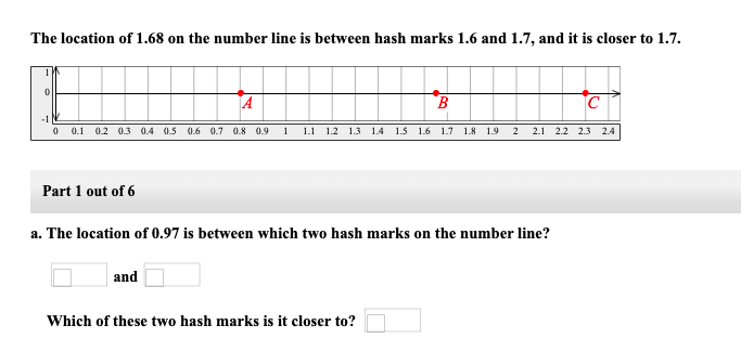The location of 1.68 on the number line is between hash marks 1.6 and 1.7, and it is closer to 1.7.
0
A
B
-1
0 0.1 0.2 0.3 0.4 0.5 0.6 0.7 0.8 0.9 1 1.1 1.2 1.3 1.4 1.5 1.6 1.7 1.8 1.9 2 2.1 2.2 2.3 2.4
Part 1 out of 6
a. The location of 0.97 is between which two hash marks on the number line?
and
Which of these two hash marks is it closer to?