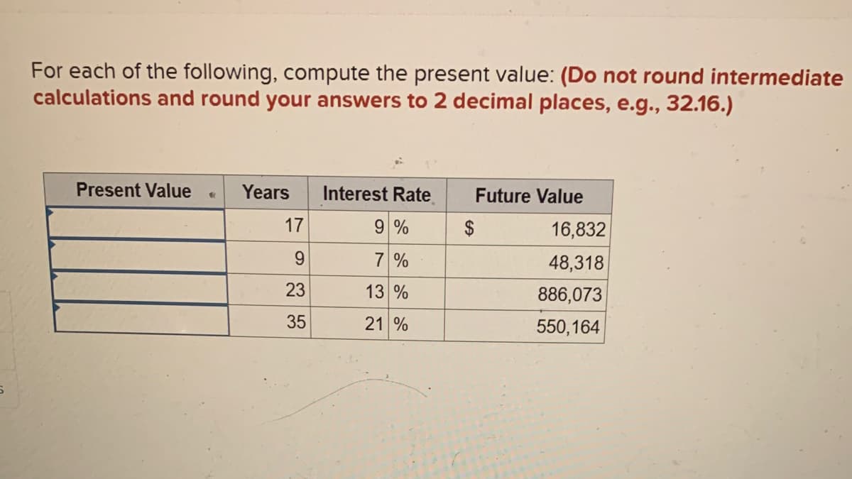 For each of the following, compute the present value: (Do not round intermediate
calculations and round your answers to 2 decimal places, e.g., 32.16.)
Present Value
Years
17
9
23
35
Interest Rate
9%
7%
13 %
21 %
Future Value
$
16,832
48,318
886,073
550,164